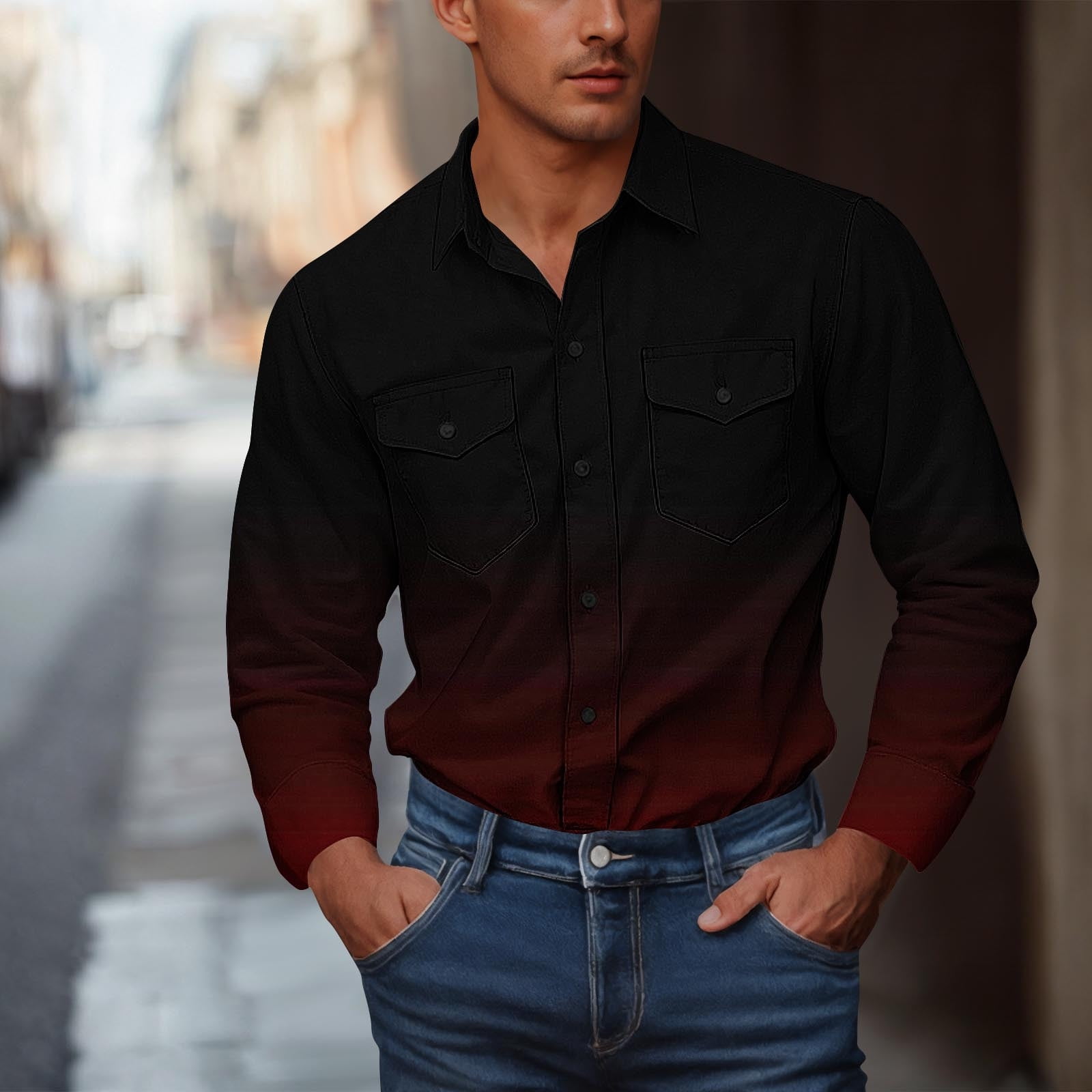 COSFO Gradient Mens Long Sleeve Button Down Shirts Casual Work Tops ...