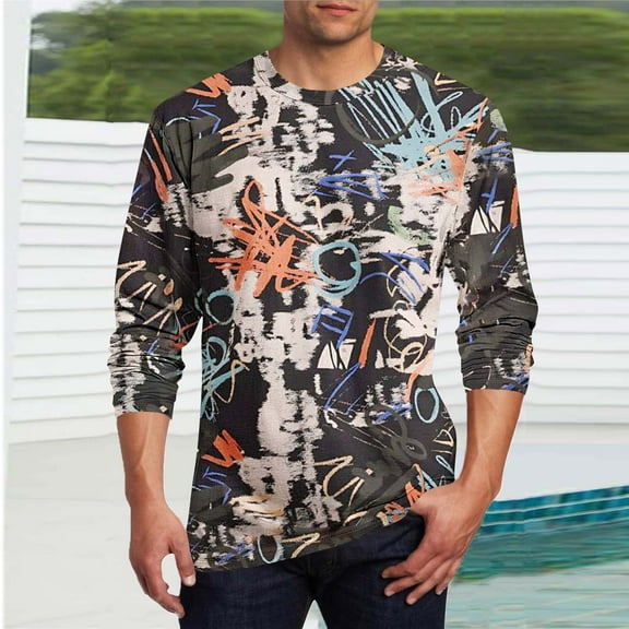COSFO Graffiti Print Men's T-Shirts Cotton Casual Long Sleeve Tops Crew Neck Pullover Loose Workout Graphic Tees