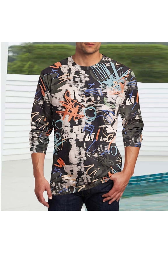 Graffiti Print Men's T-Shirts Cotton Casual Long Sleeve Tops Crew Neck Pullover Loose Workout Graphic Tees