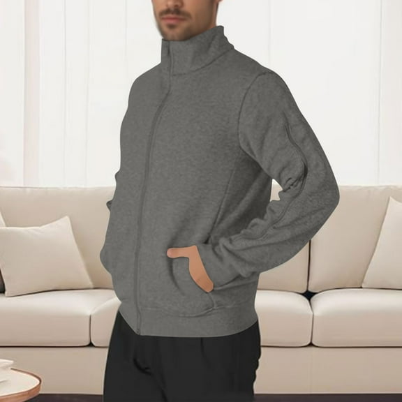 COSFO Gray Jackets for Men Casual Full Zip Lightweight Outerwear Loose Fit Stand Colla Long Sleeve with Pockets Men's Winter Coats