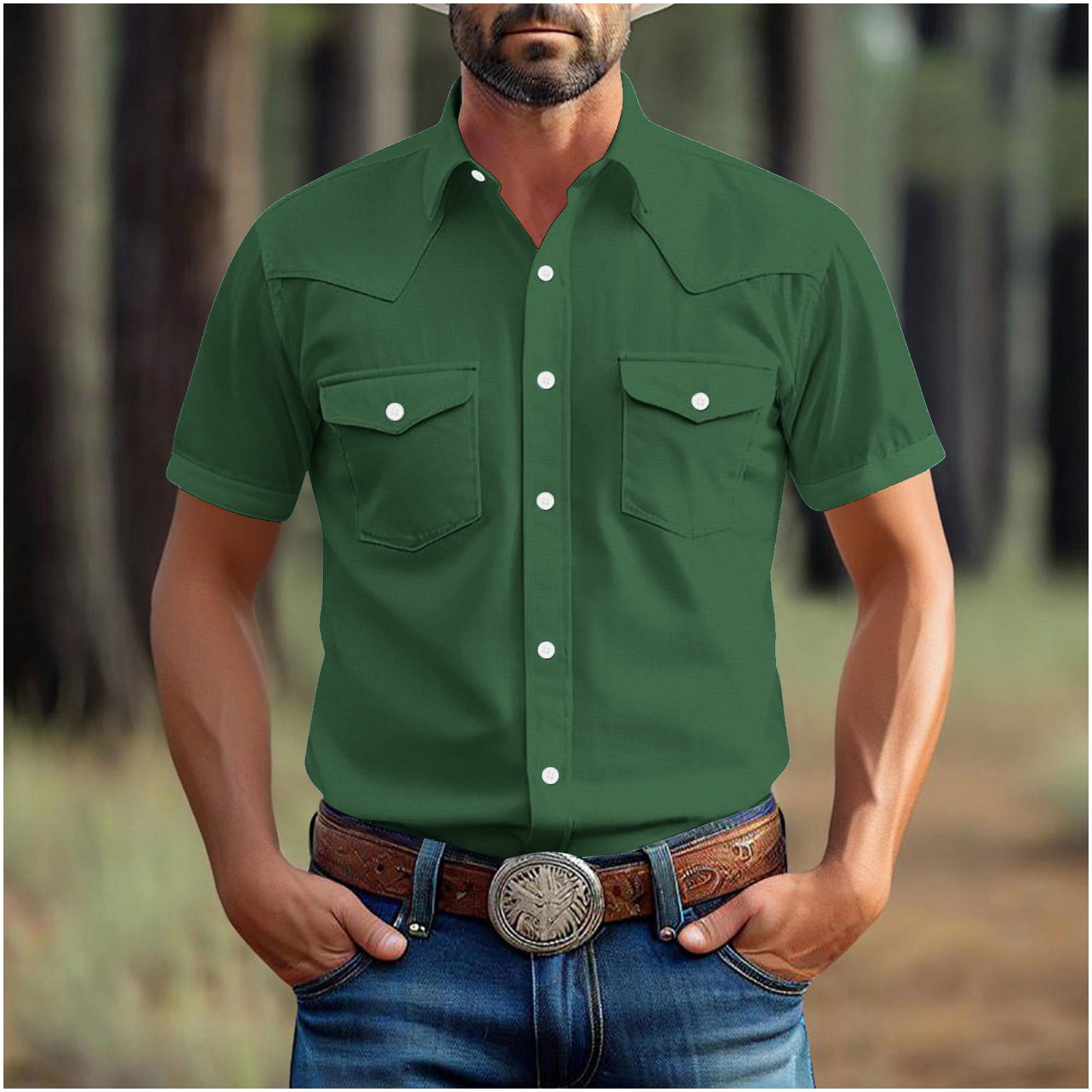 COSFO Green Men Button Down Shirt Cotton Linen Casual Short Sleeve Tops — free download