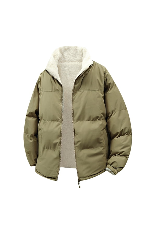 Green Men Puffer Jacket Full Zip Fleece Outerwear Warm Winter Long Sleeve Loose Fit Sport Coats for Men