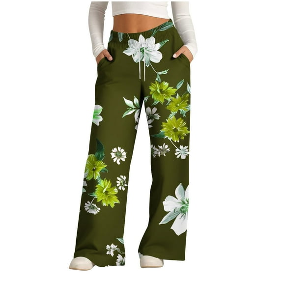 COSFO Green Women's Pant Casual Palazzo Floral High Elastic Waisted Wide Leg Pants Loose Adjustable Width Drawstring Pants