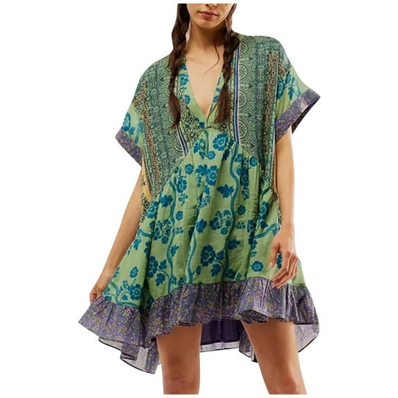 COSFO Green Womens Dresses V-Neck Long Sleeve Floral Casual Mini Dresses A-Line Boho Flowy Peplum Dress