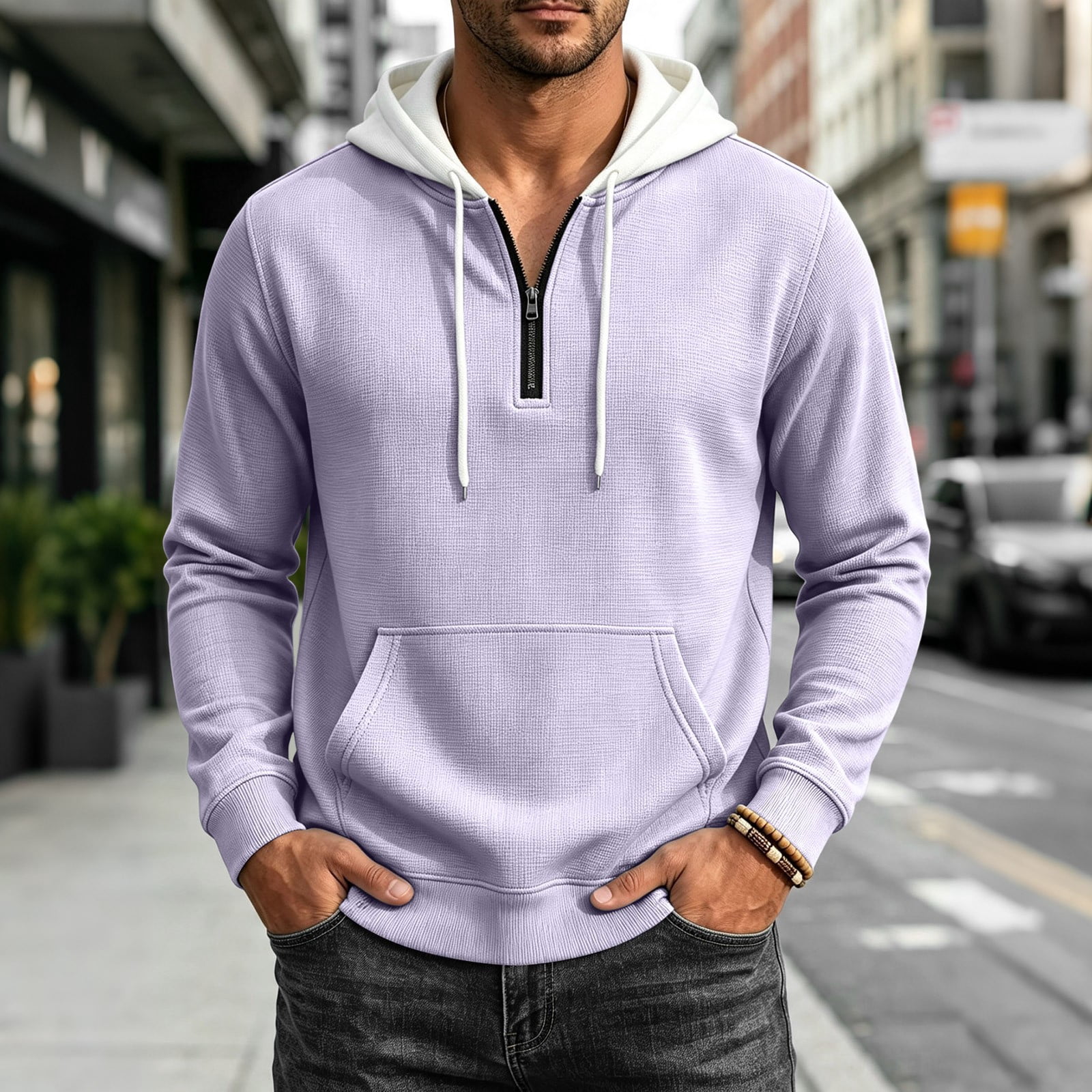 COSFO Half Zip Hoodies for Men Solid Waffle Knit Pullover Sweatshirts ...