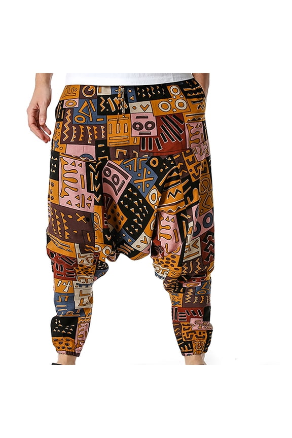 Harem Pants Men Cropped Joggers Yellow 7/8th Casual Comfort Waist Vintage Pull-On Mens Pants Relaxed Fit