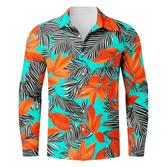 COSFO Hawaiian Men's Shirts Collared Long Sleeve Casual Tops Regular Button Down Beach Shirts
