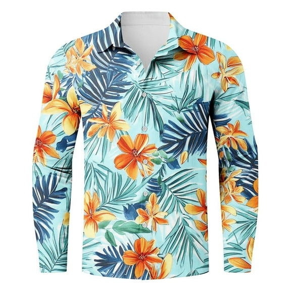 COSFO Hawaiian Mens Shirts Long Sleeve Casual Collared Tops Button Down Regular Beach Shirts