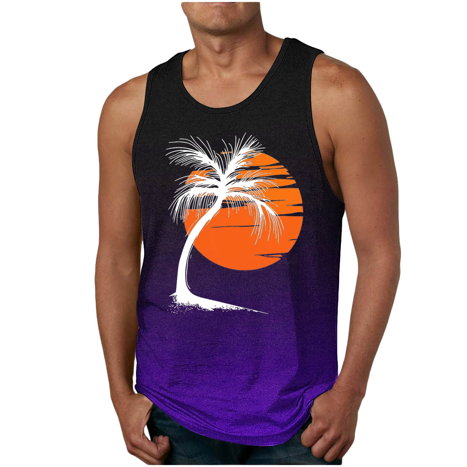 COSFO Hawaiian Mens Tank Top Crew Neck Casual Sleeveless Shirts Workout ...
