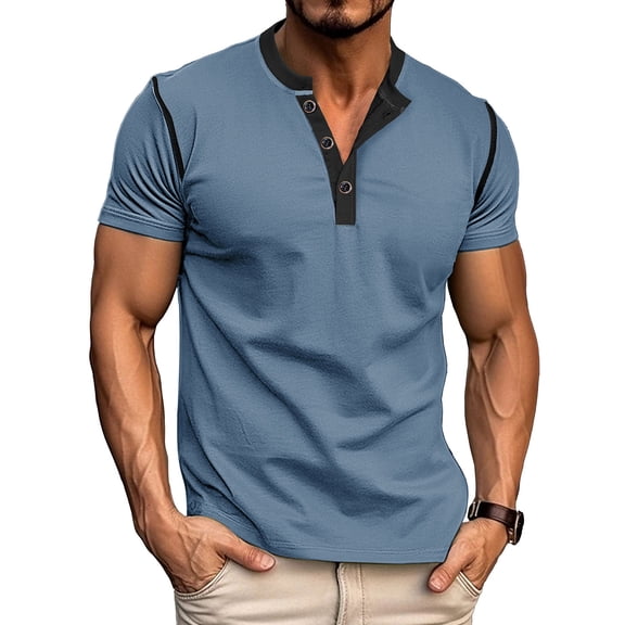 COSFO Henley Big And Tall Shirts for Men Button Cotton Short Sleeve Solid Tops Pullover Lightweight Classic Fit Mens Classic T-Shirt