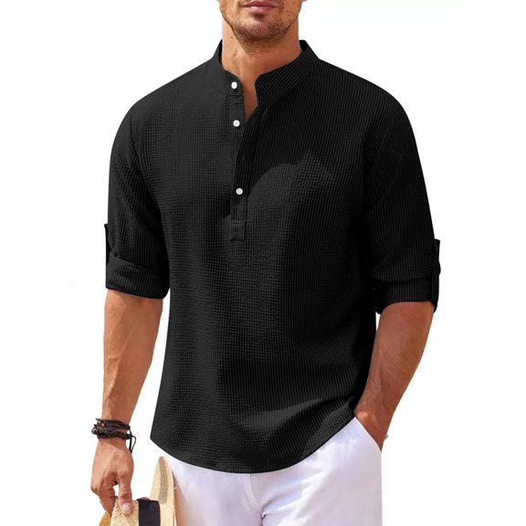 COSFO Henley Men Shirts Black Casual Long Sleeve Waffle Pullover Solid Button Men's T-Shirts