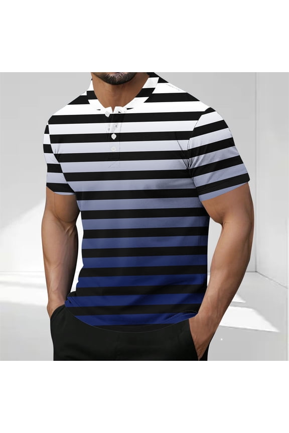 Henley Men T Shirts Casual Short Sleeve Tops Pullover Gradient Loose Striped Button Mens Graphic Tees