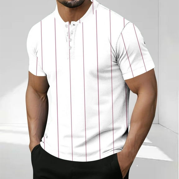 COSFO Henley Mens Summer Shirts Short Sleeve Casual Tops Striped Loose Button Pullover Mens Graphic Tees