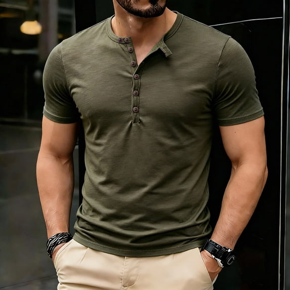 COSFO Henley T Shirts for Man Cotton Green Short Sleeve Summer Classic T-Shirt Pullover Workout Slim Fit Casual Tops