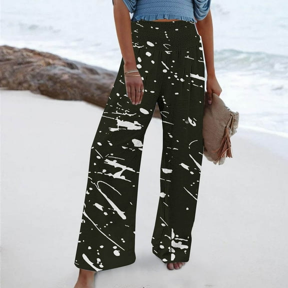 COSFO High Elastic Waisted Women's Pant Casual Palazzo Black Colorblock Wide Leg Pants with Pocket Loose Pants