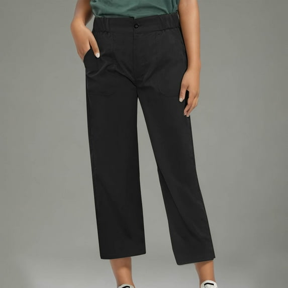 COSFO High Waisted Womens Pants Solid Casual Black Straight Leg Pants with Pocket Loose Pants