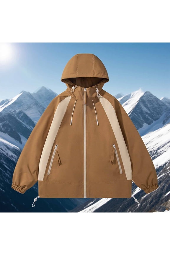 Hiking Men Jacket Colorblock Casual Hooded Full Zip Windbreaker Long Sleeve Loose Fit with Pockets Men's Winter Coats