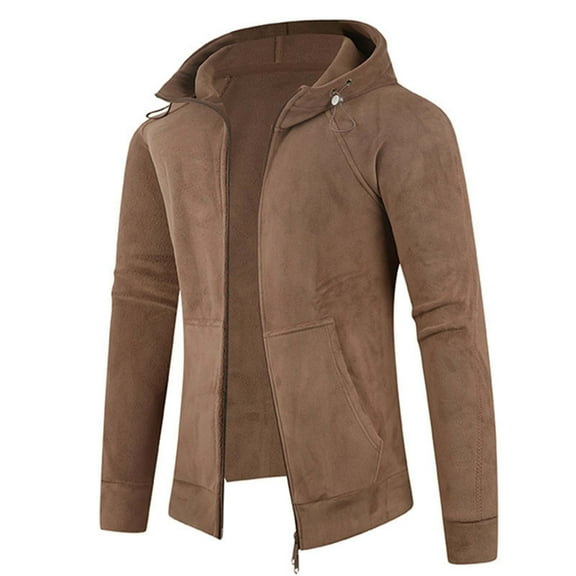 COSFO Hooded Men Jacket Brown Casual Fleece Full Zip Windbreaker Slim Fit with Pockets Long Sleeve Men's Winter Coats