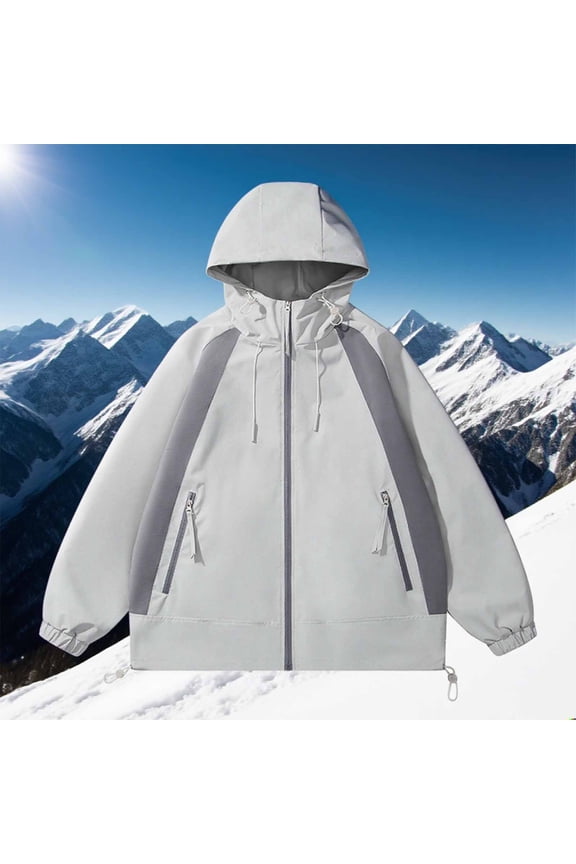 Hooded Men Jacket Colorblock Casual Full Zip Hiking Windbreaker with Pockets Loose Fit Long Sleeve Coats for Men