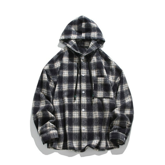 COSFO Hooded Winter Jackets for Men Button Down Lightweight Plaid Windbreaker with Pockets Loose Fit Winter Warm Long Sleeve Mens Sport Coat