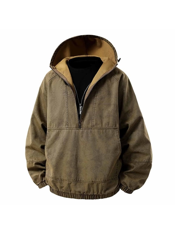 Hoodie for Men Half Zip Denim Pullover Yellow Jacket Casual Hooded Long Sleeve with Pockets Sweatshirts