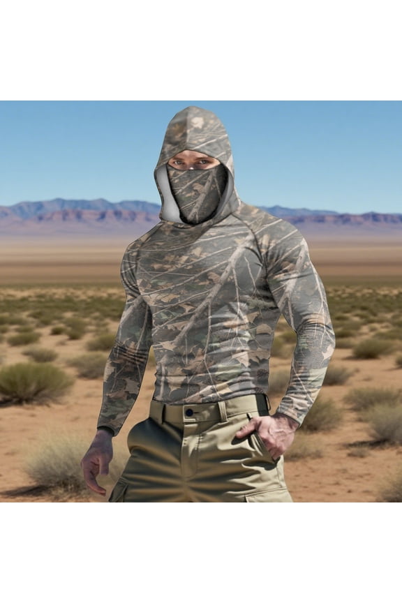 Hoodies for Men Big and Tall Ice Silk Camouflage Pullover Sun Protection Athletic Tops Slim Fit Quick Dry Hooded with Face Mask Long Sleeve Shirts for Men