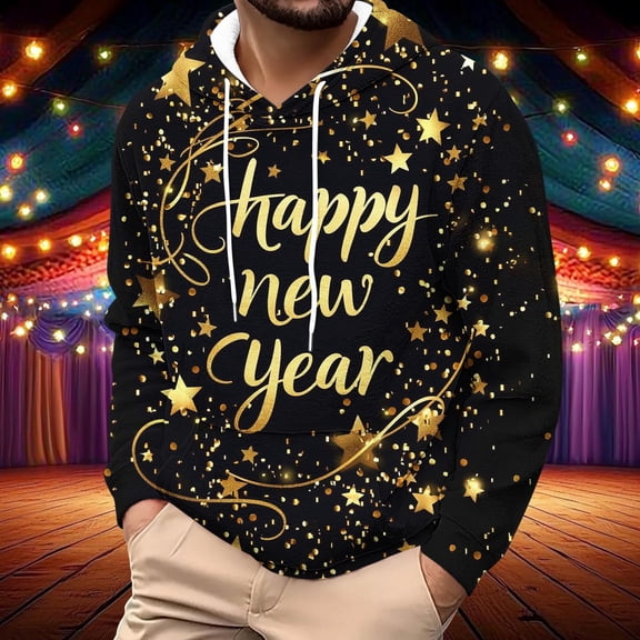 COSFO Hoodies Men Happy New Year Oversized Flannel Athletic Hooded Sweatshirts Pullover Loose Fit Long Sleeve with Pocket Men's Shirts