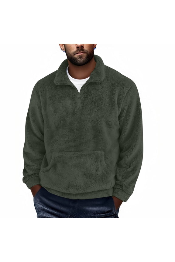Jacket for Men Fleece Casual Green Quarter Zip Coats Loose Fit Collar with Pockets Warm Long Sleeve Mens Coats