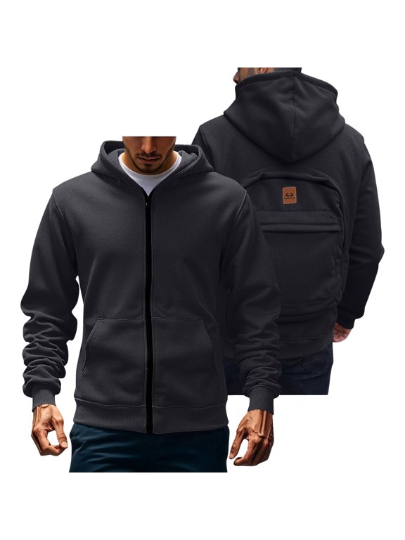 Jackets for Men Zip Up Gray Multifunctional Hooded Outerwear with Backpack Long Sleeve Lightweight Coats for Men