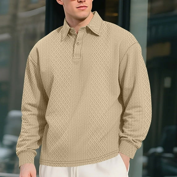 COSFO Jacquard Big And Tall Shirts for Men Solid Pullover Long Sleeve Collared Tops Vintage Loose Fit Casual Fashion Classic T-Shirt Tops for Men