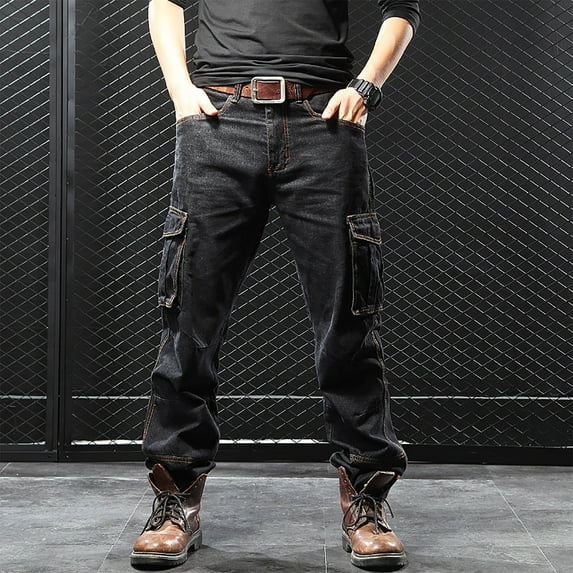 COSFO Jean Pants for Men Straight Fit Black Cargo Solid Denim Pants Casual Multi Pockets Pants
