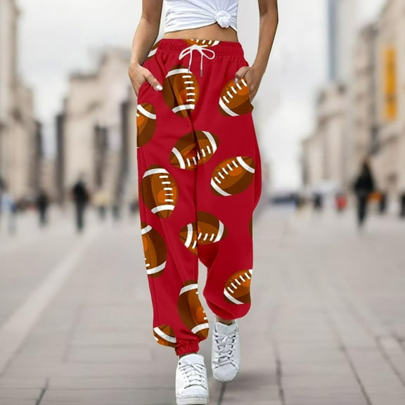 COSFO Joggers Women's Sweatpants Casual High Elastic Waisted Rugby Red Taper Pants with Pocket Drawstring Adjustable Width Loose Pants