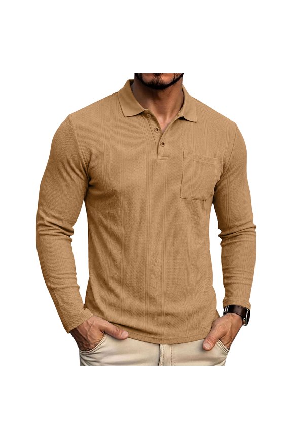 Knit Golf Polo Shirts for Men Performance with Pocket Long Sleeve Shirts Pullover Casual Solid Color Collared Classic Fit Mens Shirts