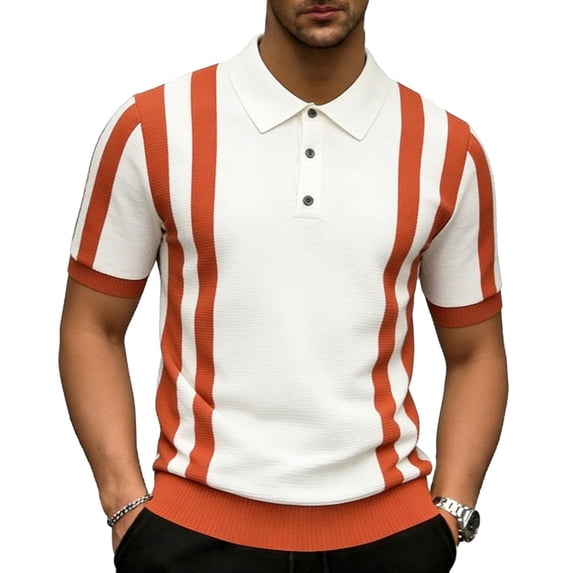 COSFO Knit Mens Polo Shirts Short Sleeve Casual Striped Shirt Golf Button Pullover Slim Fit Collared Tops