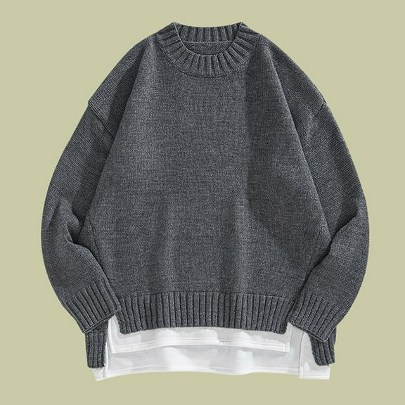 COSFO Knit Mens Sweaters for The Winter Gray Solid Crew Neck Long Sleeve Sweaters Drop Shoulder Men Pullover Sweater