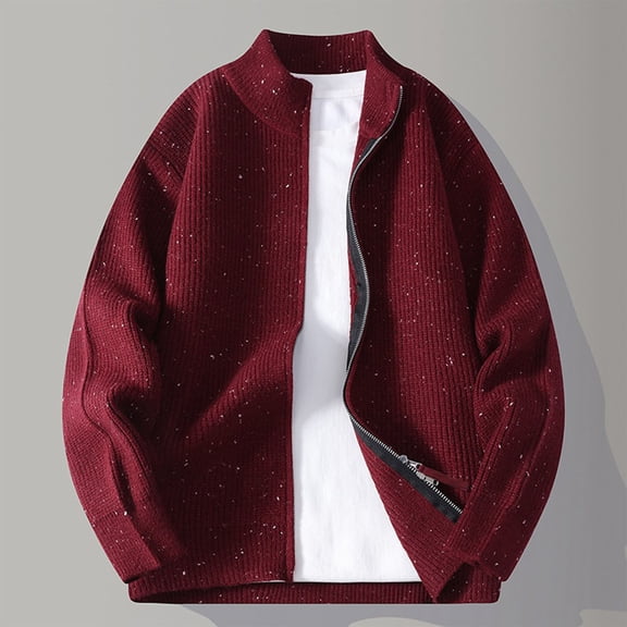 COSFO Knitted Jackets for Men Red Zip Up Casual Sweater Jacket Warm Stand Colla Long Sleeve Loose Fit Mens Winter Coats