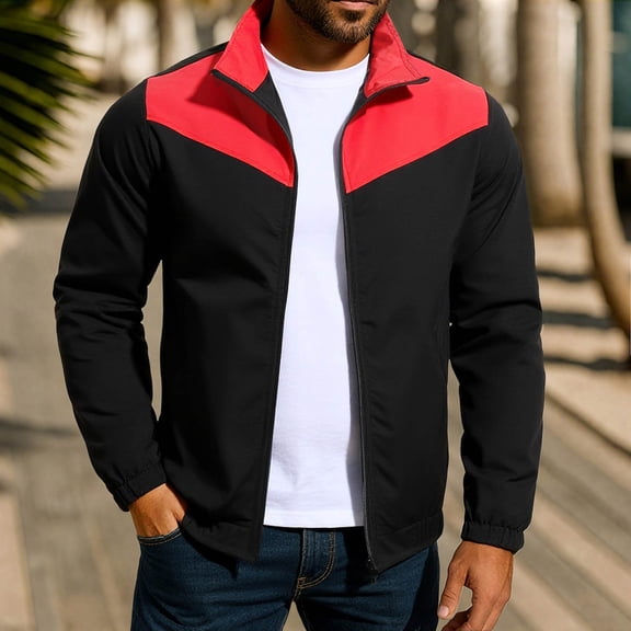 COSFO Lightweight Bomber Jacket for Men Casual Full Zip Colorblock Windbreaker Loose Fit with Pockets Stand Colla Long Sleeve Winter Coats for Men