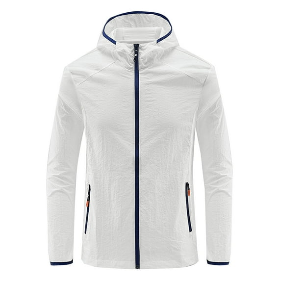 COSFO Lightweight Fall Jackets for Men Solid Zip Up Casual White Windbreaker with Zipper Pockets Mid-Length Quick Dry Loose Long Sleeve Hooded Jackets