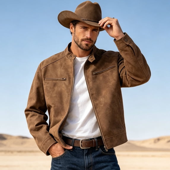 COSFO Lightweight Jacket Men Solid Color Suede Western Zip up Windbreaker Stand Colla Long Sleeve Casual Mens Coat