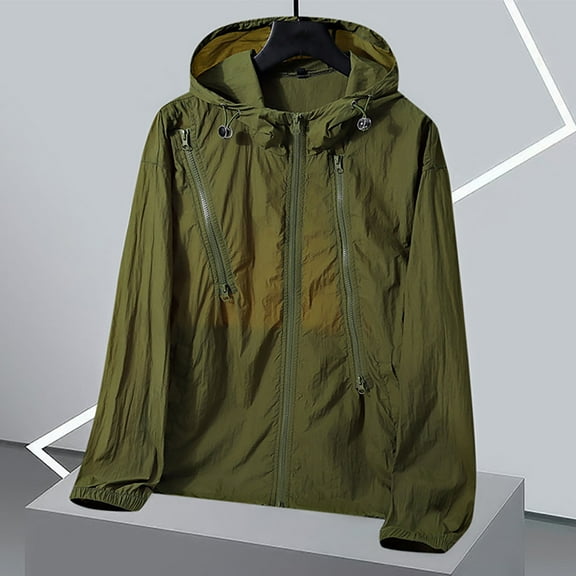 COSFO Lightweight Jacket for Men Zip Up Sun Protection Hooded Solid Windbreaker Loose Athletic Quick Dry Long Sleeve Mens Coats