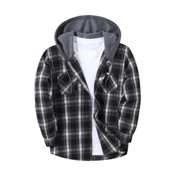 COSFO Lightweight Jackets for Men Plaid Flannel with Hood Windbreaker Fleece Long Sleeve Warm Zip up Men Coat