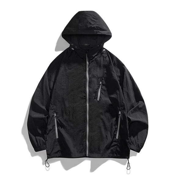 COSFO Lightweight Men Jacket Solid Zip Up Sun Protection Hooded Windbreaker Loose Quick Dry Hiking Long Sleeve Casual Mens Coats