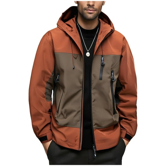 COSFO Lightweight Mens Jacket Colorblock Hooded Full Zip Windbreaker with Pockets Outdoor Loose Fit Hiking Long Sleeve Men's Sport Coats