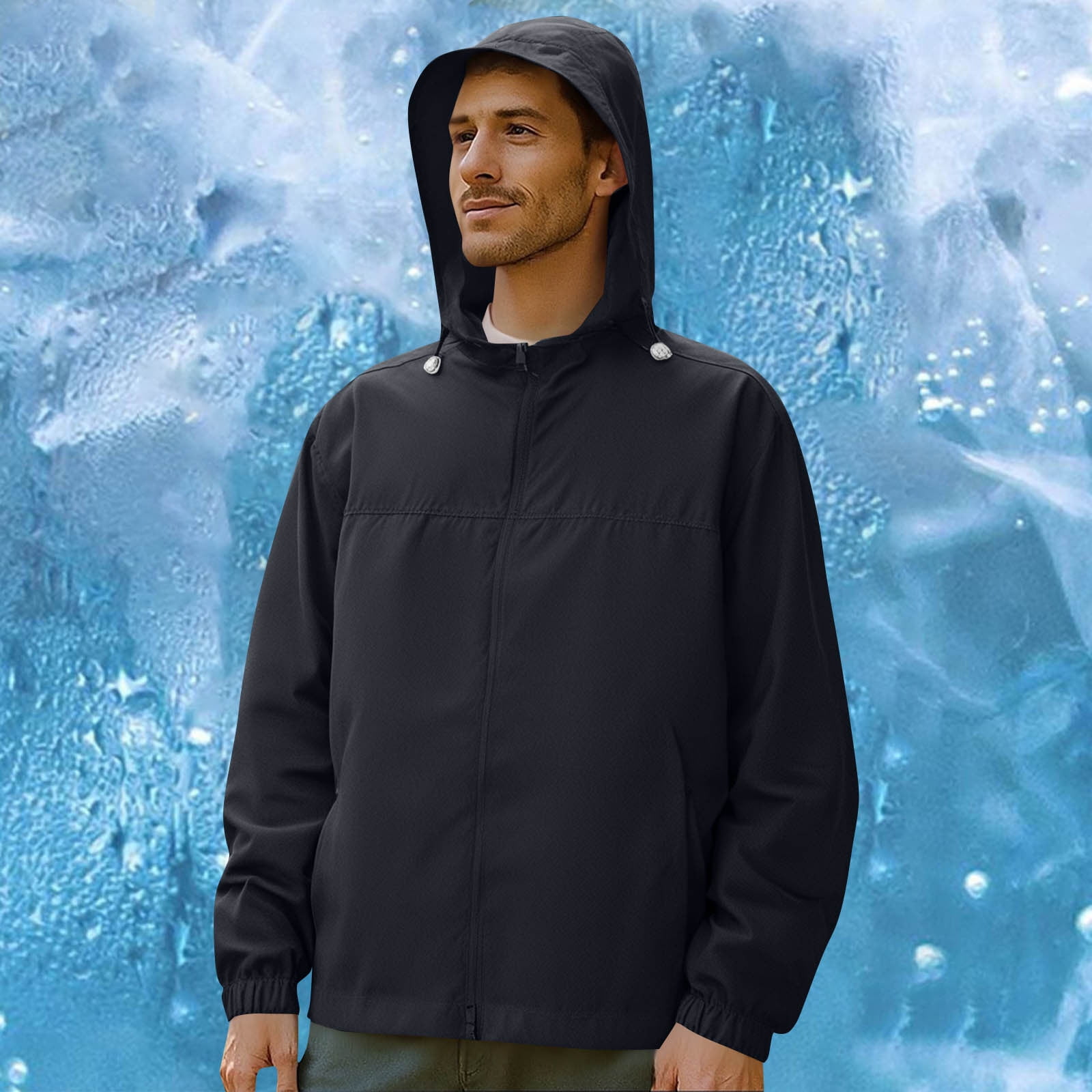 COSFO Lightweight Mens Jackets Zip Up Black Hooded Windbreaker Loose ...