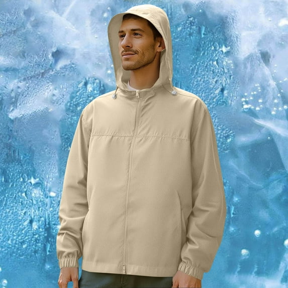 COSFO Lightweight Mens Winter Jacket Hooded Beige Zip Up Windbreaker Loose Fit Travel Long Sleeve Fishing Outdoor Mens Winter Coats