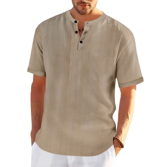 COSFO Linen Big And Tall T Shirts for Men Solid Short Sleeve Tops Summer Textured Henley Loose Fit Pullover Mens Classic T-Shirt