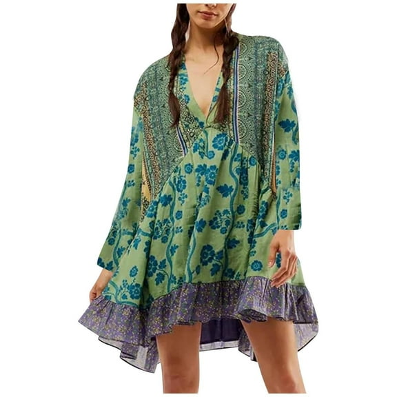 COSFO Long Sleeve Fall Dresses for Women Floral V-Neck Casual Green Mini Dresses Flowy Peplum A-Line Boho Dress