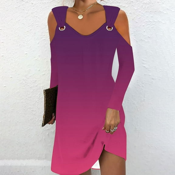 COSFO Long Sleeve Fall Dresses for Women V-Neck Pink Casual Gradient Mini Dress A-Line Dress