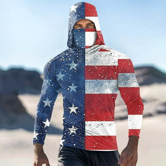 COSFO Long Sleeve Hoodies for Men Casual American Flag Workout Tops Sunscreen Loose Fit Pullover with Mask Hooded Men Shirts