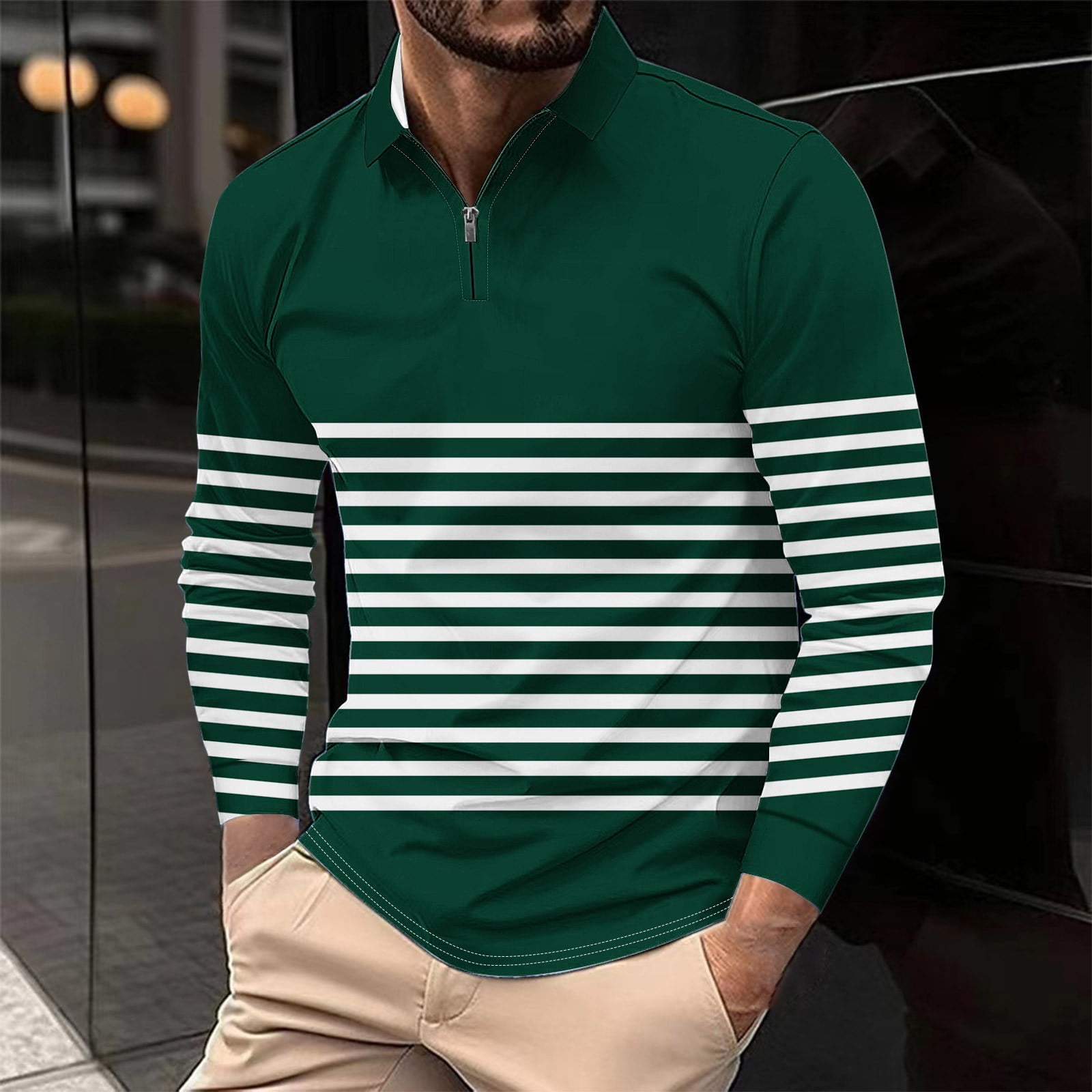 COSFO Long Sleeve Men Polo Shirts Striped Casual Mesh Tops